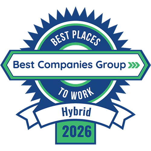 Circular “Best Places to Work – Hybrid 2026” badge from Best Companies Group, with blue and green colors and a banner reading “Hybrid.”