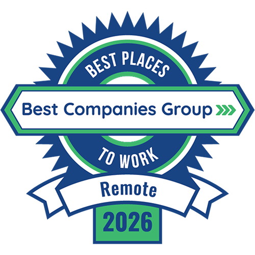 Circular “Best Places to Work – Remote 2026” badge from Best Companies Group, with blue and green colors and a banner reading “Remote.”