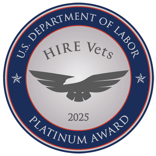 U.S. Department of Labor “Hire Vets Platinum Award 2025” badge, showing a stylized eagle inside a blue and silver circular seal.
